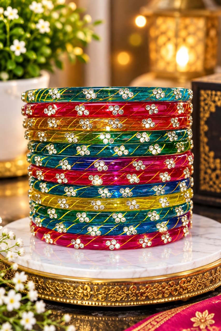 Diamond Stone Multicolor Glass Bangles Set