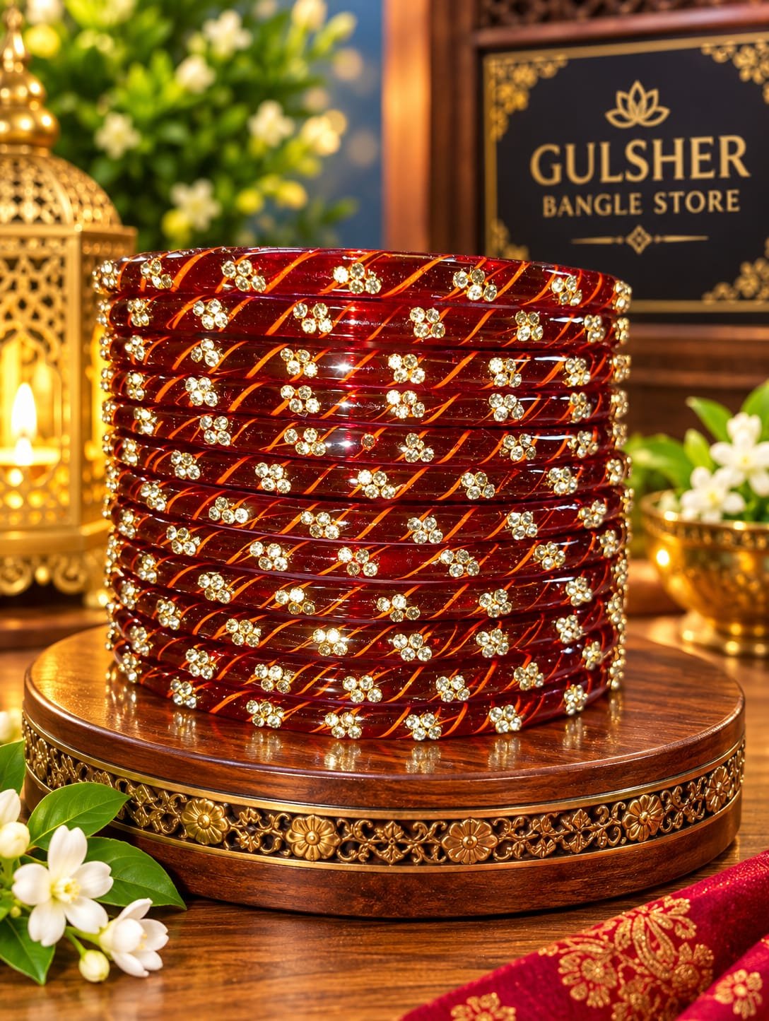 Red Ruby Stone Glass Bangles Set