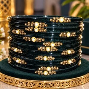 Emerald Green Designer Glass Bangles with Pearl & Stone Work – Wholesale
