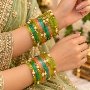 Emerald Green Designer Glass Bangles – Gold & Pearl Stone Work